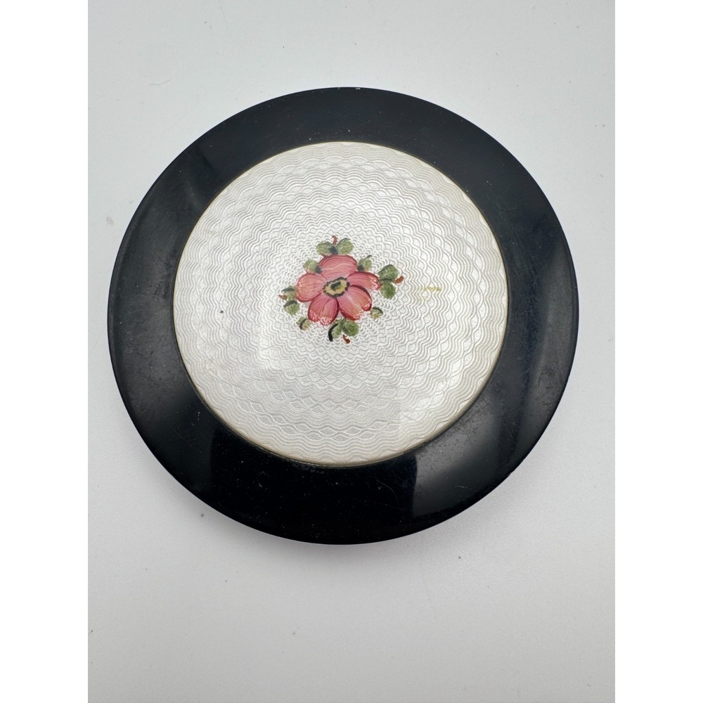 Vintage Guilloche Compact Enamel Pink Rose Black Convertible Stratton England